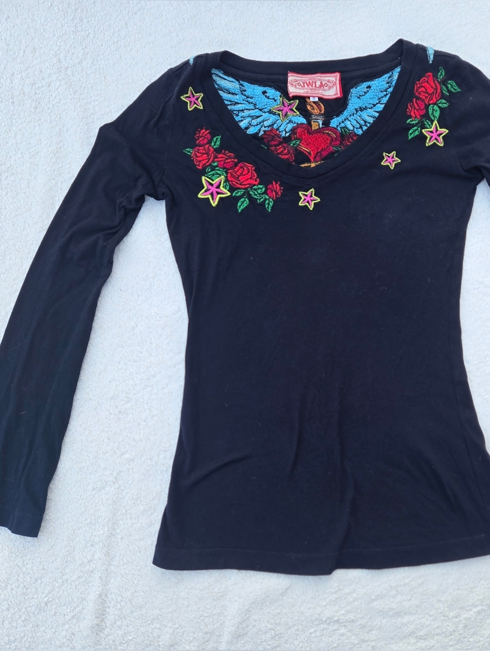 Johnny Was Black Long Sleeve V-Neck Top with Blue Wing Red Rose Embroidery Sz S